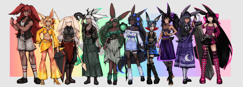 6+girls absurdres alternate_costume ancient_rabbit animal_ear_piercing animal_ears antlers arm_behind_back assassin_rabbit belt black_belt black_corset black_footwear black_hair black_hat black_horns black_pants black_pantyhose black_shirt black_skirt black_vest blonde_hair blue_bow blue_eyes blue_ribbon blue_skirt blunt_bangs boots bow bow_skirt bowtie bra breasts bridal_garter brown_belt brown_thighhighs bruiser_rabbit cable_knit cleavage closed_mouth commentary corset crescent_print crop_top cross-laced_vest dagger dancer_rabbit dark-skinned_female dark_skin defender_rabbit detached_sleeves drill_hair druid_rabbit earrings english_commentary expressionless fire fishnet_pantyhose fishnets flat_chest flipped_hair floppy_ears floral_print foil_(fencing) frilled_skirt frills full_body goth_fashion greatsword green_eyes green_hair green_shirt green_skirt green_socks grey_bow grey_bowtie grey_hair grey_hairband grey_shorts hair_ornament hair_over_one_eye hair_ribbon hairband hairbow half_up_braid hat hat_bow heavyblade_rabbit high_heels high_ponytail highres holding holding_dagger holding_knife holding_polearm holding_shield holding_staff holding_sword holding_weapon horns jewelry juliet_sleeves knee_boots knife kunai lace_shirt loafers long_bangs long_hair long_skirt long_sleeves looking_at_another looking_at_viewer looking_to_the_side loose_socks lygofer mary_janes medium_bangs medium_breasts midriff miniskirt multicolored_hair multiple_girls muscular muscular_female navel necklace off-shoulder_shirt off-shoulder_sweater off_shoulder open_clothes open_mouth open_shirt orange_bow orange_pants orange_shirt pants pants_tucked_in pantyhose pearl_necklace pelvic_curtain pink_bow pink_eyes pink_footwear pink_sleeves plaid_clothes plaid_shirt polearm pouch print_pants print_skirt puffy_short_sleeves puffy_sleeves purple_bow purple_eyes purple_fire purple_skirt purple_tank_top rabbit_and_steel rabbit_ears rabbit_girl rainbow_gradient rainbow_order red_eyes red_hair reference_inset ribbon ribbon-trimmed_skirt ribbon_trim sarong see-through see-through_shirt shield shirt shoes short_hair short_sleeves shorts skirt sleeveless sleeveless_shirt small_breasts small_dragon smile sniper_rabbit socks spear spellsword_rabbit staff standing striped_clothes striped_sleeves striped_thighhighs sweater sword tan tank_top thighhighs torn_clothes torn_pantyhose torn_shirt torn_skirt twin_drills two-tone_hair two_side_up underwear very_dark_skin very_long_hair vest weapon white_bra white_hair white_shirt white_socks white_sweater wizard_rabbit x_hair_ornament yellow_footwear yellow_sarong