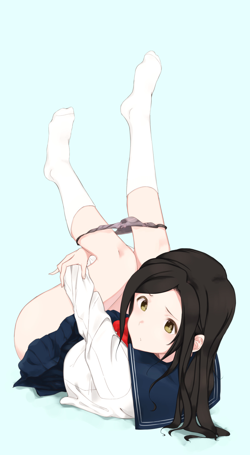 absurdres black_hair blue_background blue_sailor_collar blue_skirt breasts closed_mouth female from_behind grey_panties highres holding_own_leg idolmaster idolmaster_cinderella_girls idolmaster_cinderella_girls_starlight_stage koppepan800 legs_up long_hair long_sleeves looking_at_viewer lying miniskirt mukai_takumi neckerchief no_shoes on_back panties parted_bangs pleated_skirt red_neckerchief sailor_collar school_uniform serafuku shirt simple_background skirt socks solo underwear unworn_panties white_shirt white_socks yellow_eyes