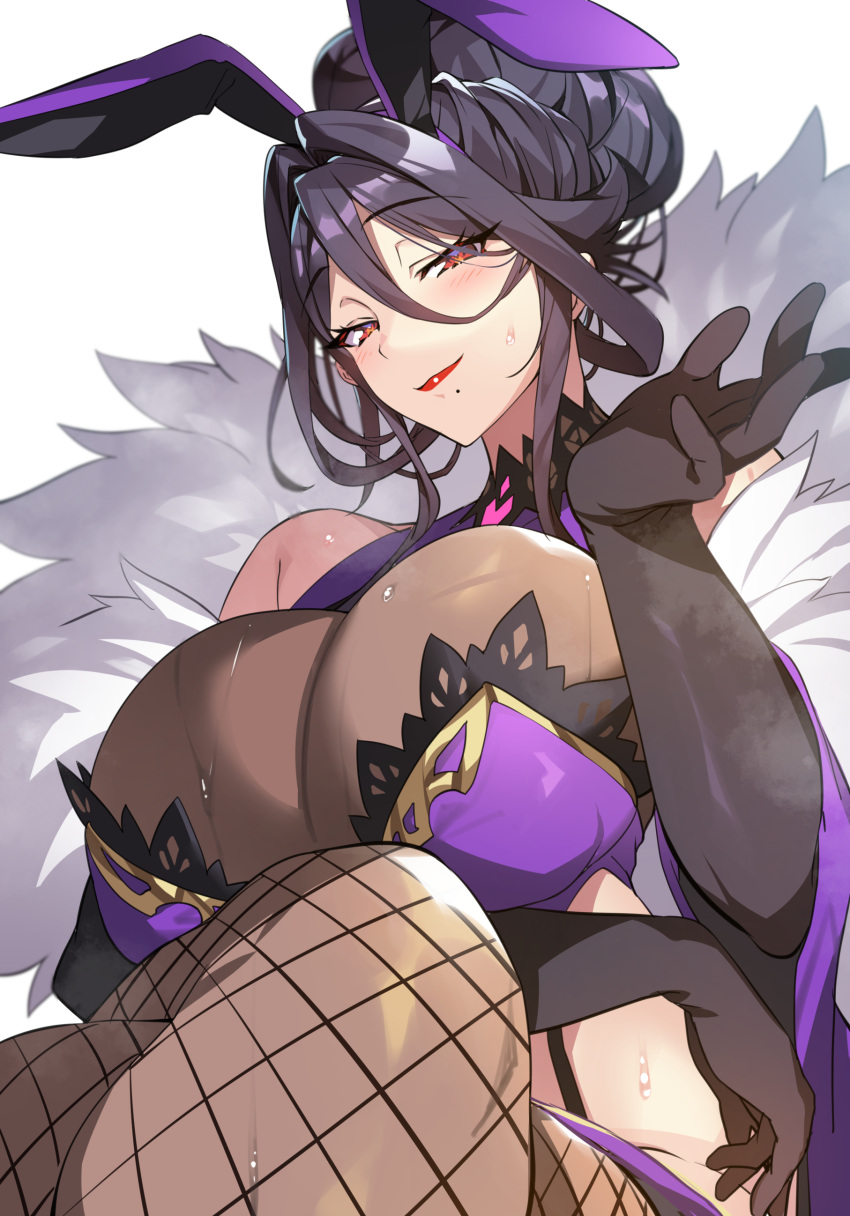 absurdres animal_ears arm_under_breasts bare_shoulders black_gloves black_hair blush breasts bunnystein_fantasy cleavage elbow_gloves fake_animal_ears feather_boa female fishnet_thighhighs fishnets fur_trim garter_straps gloves gold_trim hair_bun hand_up highres large_breasts leotard lips looking_at_viewer makeup mature_female mizuki_(senri_gan) mole mole_under_mouth original playboy_bunny purple_leotard rabbit_ears red_eyes red_lips revealing_clothes seductive_smile see-through senri_gan short_hair simple_background smile solo sweat sweatdrop thighhighs tight_clothes turtleneck white_background