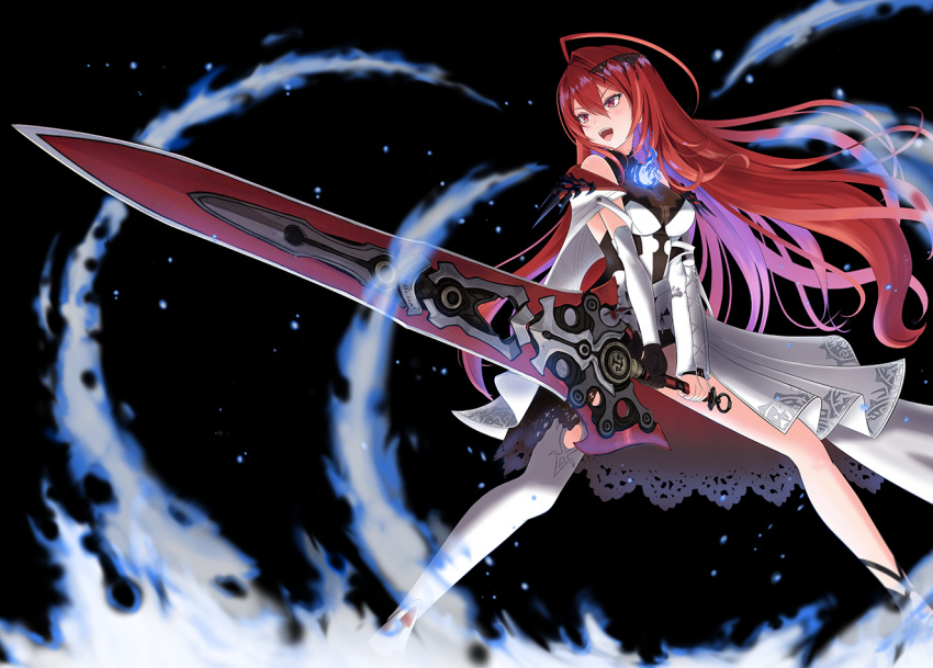 ahoge arjend black_background black_gloves blue_fire breasts double-parted_bangs dress elizabeth_rose_bloodflame feet_out_of_frame female fire floating_hair gloves greatsword hair_between_eyes hair_ornament holding holding_sword holding_weapon hololive hololive_english huge_ahoge large_breasts legs_apart light_blush long_hair looking_ahead open_mouth red_eyes red_hair single_glove single_thighhigh solo standing sunrise_stance sword teeth thighhighs thorn_(elizabeth_rose_bloodflame) tongue upper_teeth_only v-shaped_eyebrows very_long_hair virtual_youtuber weapon white_dress white_thighhighs