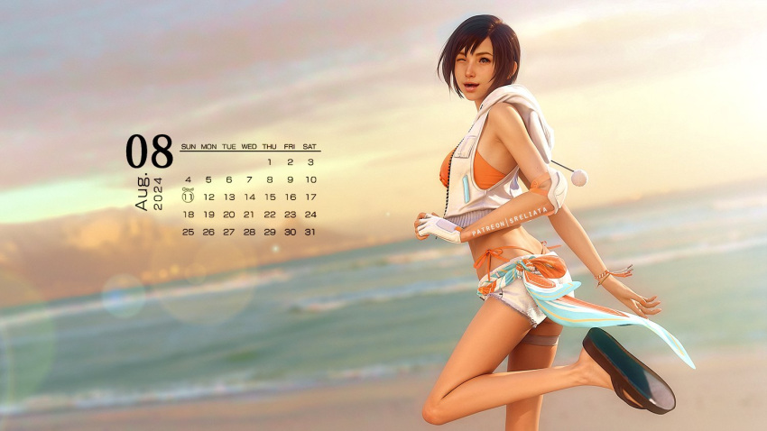 artist_name beach bikini bikini_under_clothes bikini_under_shorts black_hair calendar_(medium) commentary cropped_vest cutoffs elbow_pads english_commentary female final_fantasy final_fantasy_vii final_fantasy_vii_ever_crisis flip-flops gloves goggles goggles_on_head hood hooded_vest hoodie jewelry lifebuoy micro_shorts necklace official_alternate_costume open_fly orange_bikini orange_nails sandals short_hair short_shorts shorts side-tie_bikini_bottom single_glove solo square_enix sreliata swim_ring swimsuit thigh_strap vest white_shorts yuffie_kisaragi yuffie_kisaragi_(summer_moogle)