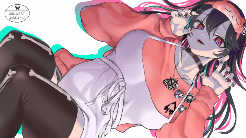 apron aqua_hair artist_logo badge black_choker black_hair black_nails black_thighhighs breasts chitoseart choker emma_llama female hair_between_eyes hair_ornament highres indie_virtual_youtuber jewelry long_hair multicolored_hair necklace pink_hair pink_sweater red_eyes skull_hair_ornament sleep_mask solo sweater thighhighs twitter_username virtual_youtuber white_apron