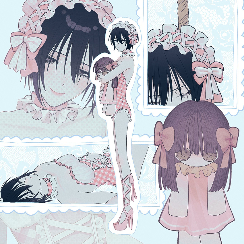 2girls baby_(demotsu) bare_shoulders black_eyes black_hair blunt_bangs blunt_ends bow breasts brown_eyes brown_hair button_eyes buttons choker closed_mouth frilled_hairband frills fruits_basket full_body hair_between_eyes hairband hairbow half-closed_eyes hand_on_own_stomach high_heels highres honda_tohru leotard long_hair medium_breasts multiple_girls multiple_views noose pink_bow pink_footwear pink_hairband pink_leotard plaid_clothes plaid_leotard ribbon_choker short_hair smile souma_akito strappy_heels stuffed_toy