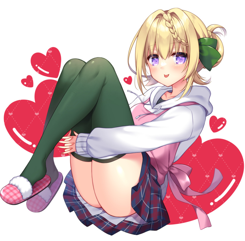 apron blonde_hair blush braid braided_bangs braided_bun commentary_request dress_shirt female full_body green_thighhighs hair_bun heart highres hood hood_down hoodie hugging_own_legs kantai_collection long_hair looking_at_viewer official_alternate_costume perth_(kancolle) pink_apron plaid_clothes plaid_skirt pleated_skirt purple_eyes ringo_sui shirt simple_background single_hair_bun skirt slippers smile solo thighhighs tongue tongue_out white_background white_hoodie white_shirt