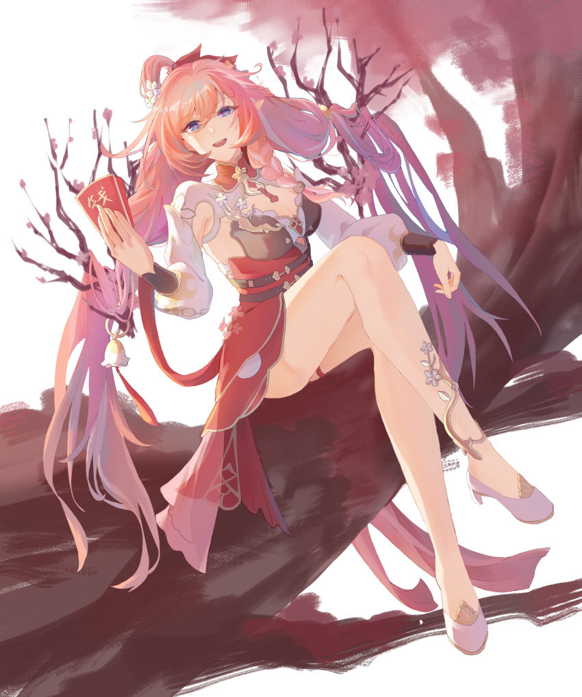 absurdres bare_legs bell braid breasts cherry_blossoms chinese_clothes cleavage cross diamond-shaped_pupils diamond_(shape) dress elf elysia_(herrscher_of_human:_ego)_(honkai_impact) elysia_(honkai_impact) elysia_(peachy_spring)_(honkai_impact) envelope female flower hair_bell hair_flower hair_ornament high_heels highres holding holding_envelope hongbao honkai_(series) honkai_impact_3rd large_breasts long_sleeves looking_at_viewer moxingyu661 open_mouth pink_hair pointy_ears puffy_long_sleeves puffy_sleeves purple_eyes red_dress single_braid sitting_on_branch solo symbol-shaped_pupils teeth upper_teeth_only white_background white_footwear