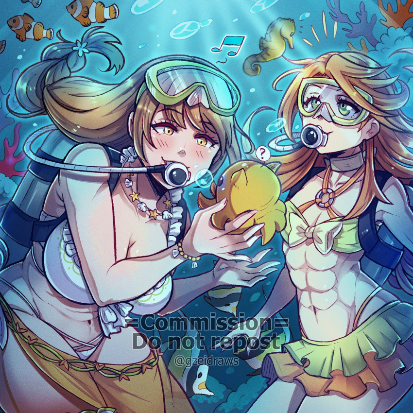 2girls abs alternate_costume bikini breasts cleavage clownfish commission etie_(fire_emblem) fire_emblem fire_emblem_engage fire_emblem_heroes fish goldmary_(fire_emblem) goldmary_(summer)_(fire_emblem) green_bikini gzei highres large_breasts multiple_girls octopus official_alternate_costume scuba scuba_gear scuba_tank seahorse small_breasts swimsuit underwater white_bikini