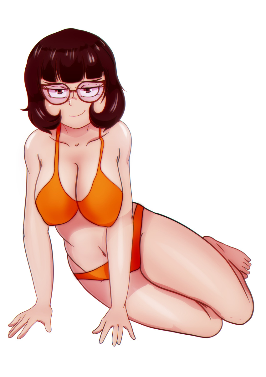 absurdres angel_glitch bikini breasts brown-framed_eyewear brown_eyes brown_hair collarbone commentary english_commentary female full_body glasses highres large_breasts medium_bangs medium_hair navel orange_bikini scooby-doo sitting smile solo swimsuit velma_dinkley yokozuwari