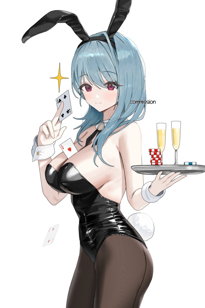 absurdres ace_(playing_card) ace_of_hearts alcohol animal_ears between_breasts between_fingers black_leotard black_pantyhose black_ribbon blue_hair blush breasts card card_between_breasts card_between_fingers champagne cleavage closed_mouth club_(shape) cocktail_glass commission contrapposto cowboy_shot cup detached_collar drinking_glass fake_animal_ears female hair_between_eyes heart highres holding holding_tray huge_breasts leotard long_hair looking_at_viewer neck_ribbon original pantyhose pink_eyes playboy_bunny playing_card poker_chip puckjjick_(belbesi19) rabbit_ears rabbit_tail ribbon sidelocks simple_background smile solo sparkle strapless strapless_leotard tail tray white_background white_wrist_cuffs wrist_cuffs