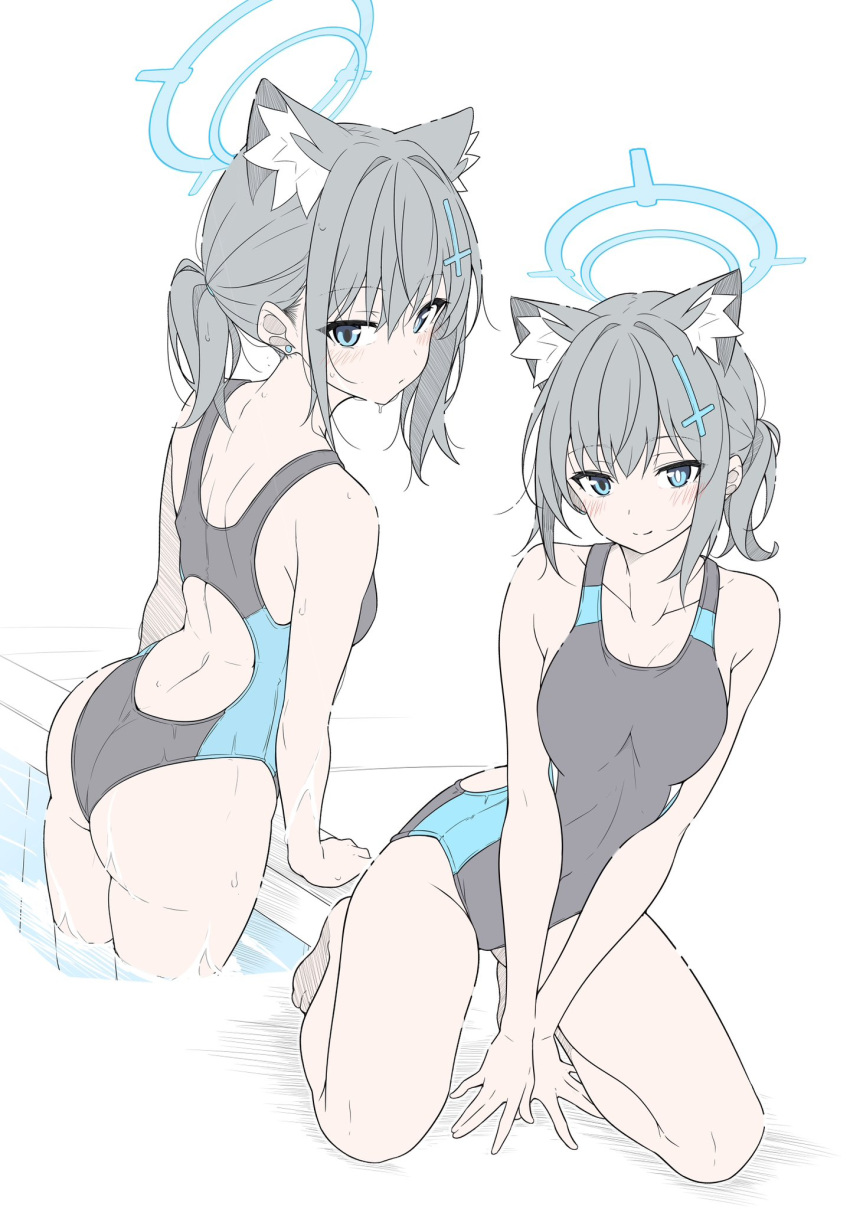 all_fours animal_ear_fluff animal_ears ass bare_arms bare_legs bare_shoulders barefoot black_one-piece_swimsuit blue_archive blue_eyes blue_halo blush breasts bright_pupils closed_mouth collarbone commentary competition_swimsuit cross cross_hair_ornament earrings extra_ears female from_behind full_body hair_ornament halo highres inverted_cross jewelry looking_at_viewer medium_breasts mismatched_pupils multiple_views official_alternate_costume official_alternate_hairstyle one-piece_swimsuit pool poolside shiroko_(blue_archive) shiroko_(swimsuit)_(blue_archive) short_ponytail simple_background smile stud_earrings swimsuit symbol-only_commentary t1kosewad thighs toes wading wet white_background white_pupils wolf_ears wolf_girl