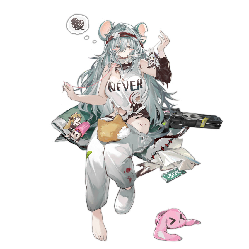 >_< :3 aged_up animal_ears animal_slippers assault_rifle asymmetrical_footwear blanket blush_stickers breasts brown_eyes bunny_slippers cat-shaped_pillow character_doll clothes_pull clothes_writing crossed_bandaids cui_pi_zha_xia_qiu detached_sleeves feet female full_body g11_(fluffy_dumptruck)_(girls'_frontline) g11_(girls'_frontline) girls'_frontline green_blanket grey_hair gun h&k_g11 hair_between_eyes headband highres hk416_(girls'_frontline) hk416_(herbal-flavored_hard_candy)_(girls'_frontline) holding_sewing_needle jitome kemonomimi_mode large_breasts long_hair mismatched_footwear mouse_ears notched_ear official_alternate_costume official_art pants pants_pull paw_print red_headband rifle sale shirt simple_background single_barefoot single_detached_sleeve single_sleeve sitting slippers solo spoken_squiggle spool squiggle sticker third-party_source thought_bubble toes torn_clothes torn_shirt transparent_background ump45_(agent_lop_rabbit)_(girls'_frontline) ump45_(girls'_frontline) ump9_(girls'_frontline) ump9_(shiba_investigator)_(girls'_frontline) very_long_hair weapon x3