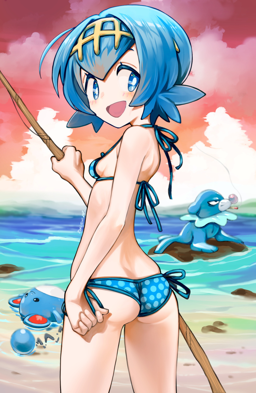 arm_at_side artist_name ass back bikini blue_eyes blue_hair breasts cigarette clip_studio_paint_(medium) eudetenis female fishing_rod gradient_sky hairband highres holding holding_fishing_rod lana_(pokemon) looking_at_viewer looking_back marill ocean open_mouth outdoors pokemon pokemon_(creature) pokemon_sm polka_dot polka_dot_bikini polka_dot_swimsuit short_hair shoulder_blades side-tie_bikini_bottom sideboob sky small_breasts smile swimsuit twilight twisted_torso water yellow_hairband