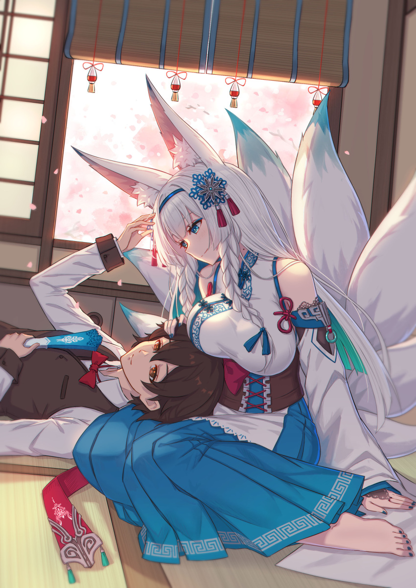 1boy absurdres animal_ear_fluff animal_ears barefoot blue_eyes braid breast_press breasts clover_theater detached_sleeves female fox_ears fox_girl fox_tail highres indoors japanese_clothes katsuya_(clover_theater) lap_pillow large_breasts long_hair lying nail_polish nairobi_song on_back petals sitting smile tail tatami toenail_polish toenails twin_braids very_long_hair white_hair yokozuwari