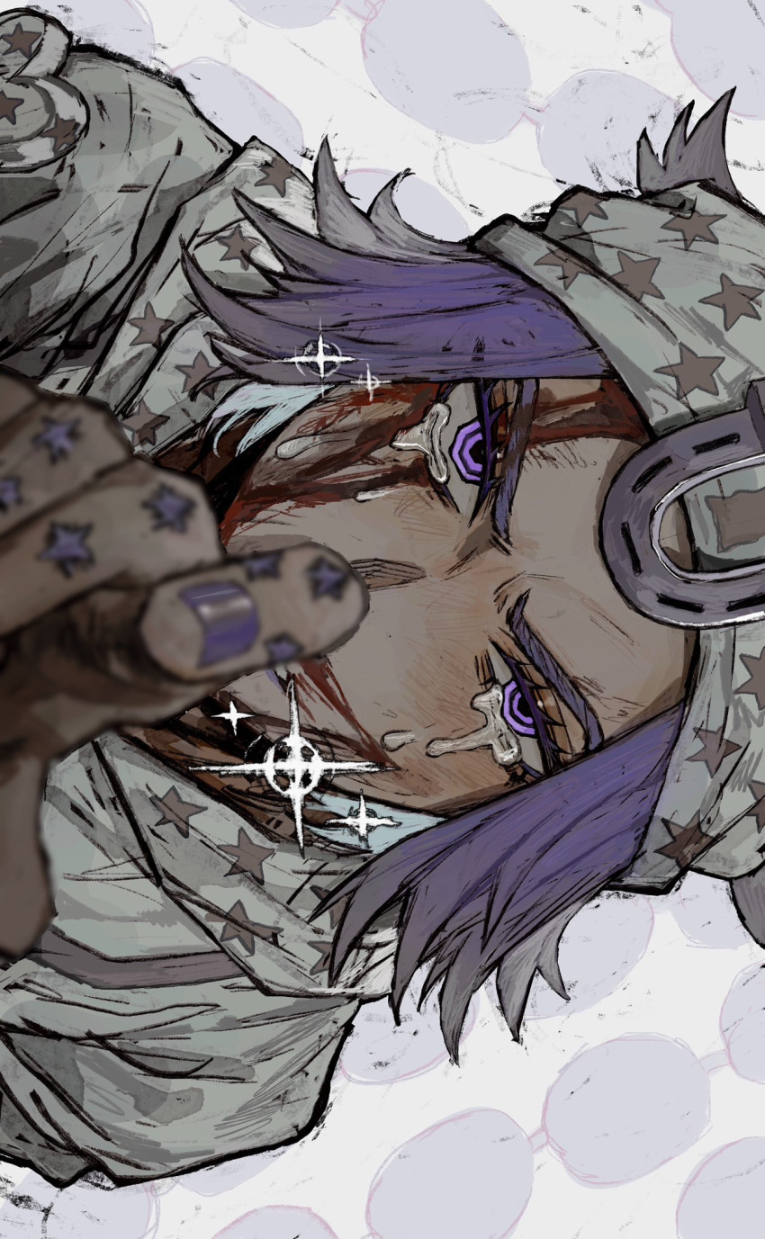 1boy blood blood_on_face crying grey_background hat highres johnny_joestar jojo_no_kimyou_na_bouken male_focus neg_50asu pointing portrait purple_eyes purple_hair purple_nails ringed_eyes short_hair sideways solo sparkle star_(symbol) steel_ball_run