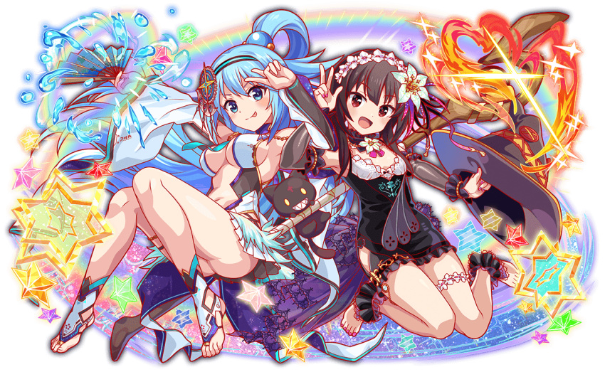 3girls aiguillette alternate_costume anime_coloring ankle_cuffs aqua_(konosuba) aqua_eyes aqua_hair aqua_necktie artist_request ass back_slit bare_legs bare_shoulders barefoot black_ankle_cuffs black_bow black_cat black_collar black_dress black_hair black_hat black_tail black_wrist_cuffs blue_collar blush bodysuit bow breasts bridal_garter bridal_legwear button_eyes buttons center_opening chomusuke closed_mouth clothing_cutout coattails collar crash_fever criss-cross_straps cross detached_collar detached_sleeves dress familiar feet feline fingernails fire flower folding_fan frilled_collar frills full_body game_cg grey_skirt grey_sleeves hair_between_eyes hair_bobbles hair_flower hair_ornament hair_rings hairband half_updo hand_fan hat high_ponytail holding holding_fan holding_hat holding_unworn_clothes horizontal-striped_hairband katsuyamamage knees_together_feet_apart kono_subarashii_sekai_ni_shukufuku_wo! large_breasts legs long_hair long_sidelocks looking_at_viewer mage_staff megumin microskirt multiple_girls nail_polish narrow_waist navel neck_flower necktie no_shoes official_alternate_costume official_art open_mouth outline pink_nails pink_ribbon pleated_skirt print_sleeves rainbow red_eyes red_outline ribbon see-through see-through_sleeves sharp_teeth short_dress short_hair short_hair_with_long_locks side_slit sideboob sidelocks skinny skirt sleeveless sleeveless_bodysuit sleeveless_dress small_breasts smile solid_oval_eyes staff star_(symbol) star_ornament striped_clothes striped_hairband tachi-e teeth thigh_cutout thigh_strap third-party_source toeless_footwear toenail_polish toenails toes tongue tongue_out transparent_background two-sided_fabric two-sided_skirt underbust v v-shaped_eyebrows very_long_hair w water_drop white_bodysuit white_bridal_garter white_flower white_footwear white_hairband white_outline white_skirt white_sleeves wide_sleeves witch_hat wrist_cuffs yellow_eyes