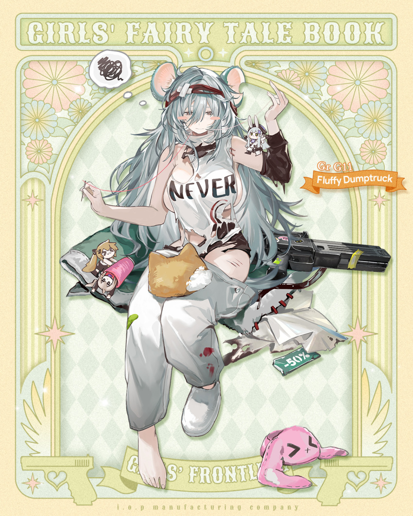 >_< :3 aged_up animal_ears animal_slippers assault_rifle asymmetrical_footwear blanket blush_stickers breasts brown_eyes bunny_slippers cat-shaped_pillow character_doll character_name clothes_pull clothes_writing copyright_name crossed_bandaids cui_pi_zha_xia_qiu detached_sleeves feet female full_body g11_(fluffy_dumptruck)_(girls'_frontline) g11_(girls'_frontline) girls'_frontline green_blanket grey_hair gun h&k_g11 hair_between_eyes headband highres hk416_(girls'_frontline) hk416_(herbal-flavored_hard_candy)_(girls'_frontline) holding_sewing_needle jitome kemonomimi_mode large_breasts long_hair mismatched_footwear mouse_ears notched_ear official_alternate_costume official_art pants pants_pull paw_print promotional_art red_headband rifle sale second-party_source shirt single_barefoot single_detached_sleeve single_sleeve sitting slippers solo spoken_squiggle spool squiggle sticker thought_bubble toes torn_clothes torn_shirt ump45_(agent_lop_rabbit)_(girls'_frontline) ump45_(girls'_frontline) ump9_(girls'_frontline) ump9_(shiba_investigator)_(girls'_frontline) very_long_hair weapon x3