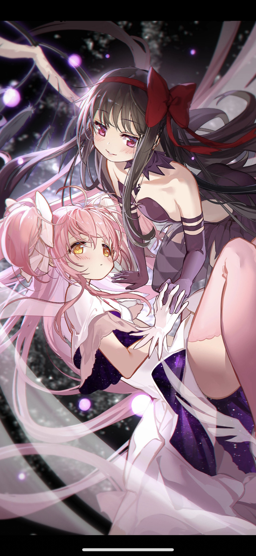 2girls :o absurdly_long_hair absurdres akemi_homura akuma_homura argyle_clothes argyle_thighhighs armlet black_gemstone black_hair bow chest_jewel closed_mouth collar detached_collar dress elbow_gloves energy_wings feet_out_of_frame frilled_dress frilled_sleeves frills gloves hairband hairbow high_collar highres holding_hands interlocked_fingers jewelry kaname_madoka letterboxed light_blush light_particles long_dress long_hair looking_at_viewer mahou_shoujo_madoka_magica mahou_shoujo_madoka_magica:_hangyaku_no_monogatari multiple_girls parted_lips pink_gemstone pink_hair pink_lips pink_theme pink_wings purple_collar purple_dress purple_eyes purple_gloves purple_thighhighs red_bow red_hairband shan_tong_tong short_sleeves side_slit sidelocks smile space_print starry_sky_print strapless strapless_dress thighhighs two-sided_dress two-sided_fabric two_side_up ultimate_madoka very_long_hair white_bow white_dress white_gloves wings yellow_eyes