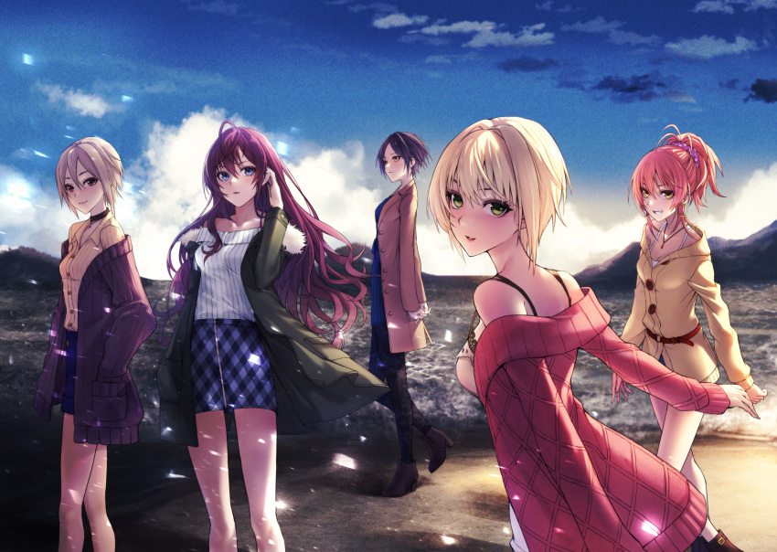 5girls applekun arms_behind_back beach black_hair black_pants blonde_hair blue_dress blue_eyes blue_skirt brown_coat brown_eyes brown_hair cardigan closed_mouth coat collarbone collared_shirt commentary_request day dress dress_shirt floating_hair green_eyes grey_hair grin hayami_kanade highres ichinose_shiki idolmaster idolmaster_cinderella_girls interlocked_fingers jewelry jougasaki_mika lipps_(idolmaster) long_hair long_sleeves looking_at_viewer miniskirt miyamoto_frederica multiple_girls necklace ocean off-shoulder_sweater off_shoulder open_cardigan open_clothes open_coat open_mouth outdoors pants pink_hair red_cardigan red_eyes ribbed_sweater shiomi_syuko shirt short_dress short_hair skirt smile standing striped_clothes striped_shirt sweater tied_hair vertical-striped_clothes vertical-striped_shirt very_long_hair walking white_shirt white_sweater wing_collar yellow_cardigan yellow_shirt