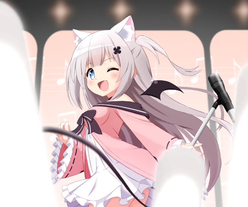 ;d animal_ear_fluff animal_ears black_bow blue_eyes blush bow cowboy_shot demon_wings dress dress_bow extra_ears female frilled_dress frills grey_hair hair_ornament hairpin indie_virtual_youtuber long_hair long_sleeves looking_at_viewer microphone mogura2009 multicolored_clothes multicolored_dress musical_note nekoma_shiroa oerba_yun_fang off_shoulder one_eye_closed pink_dress pleated_dress short_dress smile solo two_side_up very_long_hair virtual_youtuber white_dress wide_sleeves wings