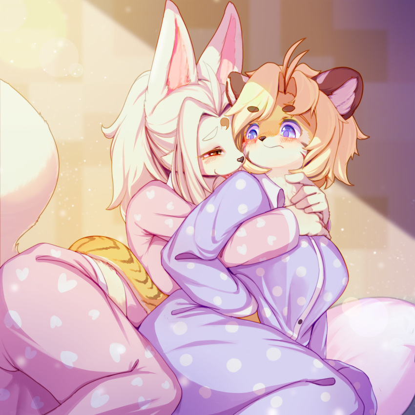 1:1 absurd_res anthro arms_around_torso ass bed blonde_hair blush breasts canid canine clothed clothing cuddling digital_media_(artwork) duo felid female female/female fluffy fox fully_clothed fur furniture hair heart_clothing heart_pattern heart_print heart_symbol hi_res hug hugging_another hugging_from_behind inside interspecies kemono light light_beam lighting lying mammal on_bed on_side pajamas pantherine pattern_clothing pattern_pajamas ponytail print_clothing print_pajamas purple_eyes red_eyes shaded shy smile spots spotted_clothing stripes sunbeam sunlight tiger white_body white_fur white_hair whooo-ya yellow_body yellow_fur