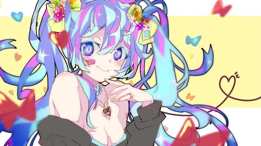 3774. ai_kotoba_iii_(vocaloid) aqua_eyes aqua_hair aqua_nails bandaid bandaid_on_face bare_shoulders blush bow bowtie breasts cleavage commentary female flower hair_flower hair_ornament hairbow hatsune_miku heart heart_necklace jewelry long_hair looking_at_viewer nail_polish necklace smile solo sparkle string string_of_fate twintails upper_body very_long_hair vocaloid