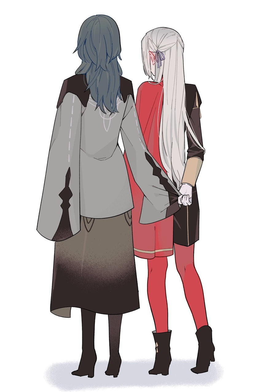 2girls back bad_id bad_twitter_id bang_gu9 blue_hair blush byleth_(female)_(fire_emblem) byleth_(fire_emblem) clothes_pull commentary ear_blush edelgard_von_hresvelg fire_emblem fire_emblem:_three_houses full_body garreg_mach_monastery_uniform gloves high_heels highres jacket long_hair multiple_girls pantyhose simple_background standing symbol-only_commentary white_background white_hair yuri