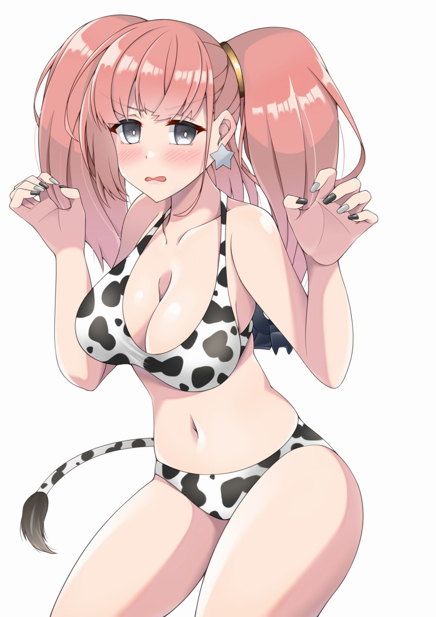 alternate_costume anchor_hair_ornament animal_print atlanta_(kancolle) bikini black_nails breasts brown_hair cow_print cow_print_bikini cow_tail cowboy_shot earrings fake_tail female grey_eyes hair_ornament highres jewelry kantai_collection large_breasts long_hair navel otobi print_bikini simple_background single_earring solo standing star_(symbol) star_earrings swimsuit tail two_side_up white_background white_nails