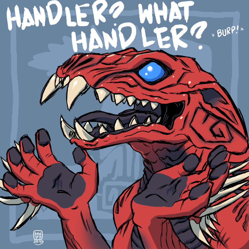 1:1 2019 5_fingers absurd_res capcom english_text fanged_wyvern fingers hi_res megawolf77 monster_hunter odogaron onomatopoeia open_mouth red_body sharp_teeth solo sound_effects teeth text tongue