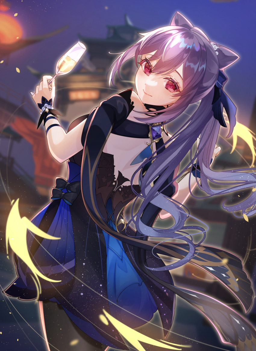 bare_shoulders black_dress blue_dress bow bowtie breasts building champagne_flute cup dress drinking_glass female genshin_impact hair_ornament highres keqing_(genshin_impact) keqing_(opulent_splendor)_(genshin_impact) long_hair looking_at_viewer looking_back natsuki_yoru night purple_eyes purple_hair smile strapless strapless_dress twintails vision_(genshin_impact)