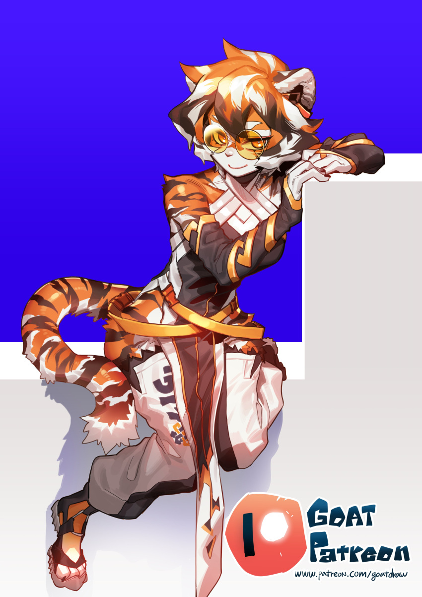 abstract_background absurd_res anthro arknights armwear clothing countershading eyewear felid female footwear fur glasses goatdraw hair hi_res hypergryph long_tail looking_at_viewer mammal markings multicolored_body multicolored_fur multicolored_hair orange_body orange_fur pantherine sandals sitting solo striped_markings striped_tail stripes studio_montagne tail tail_markings text tiger tiger_tail url waaifu_(arknights)