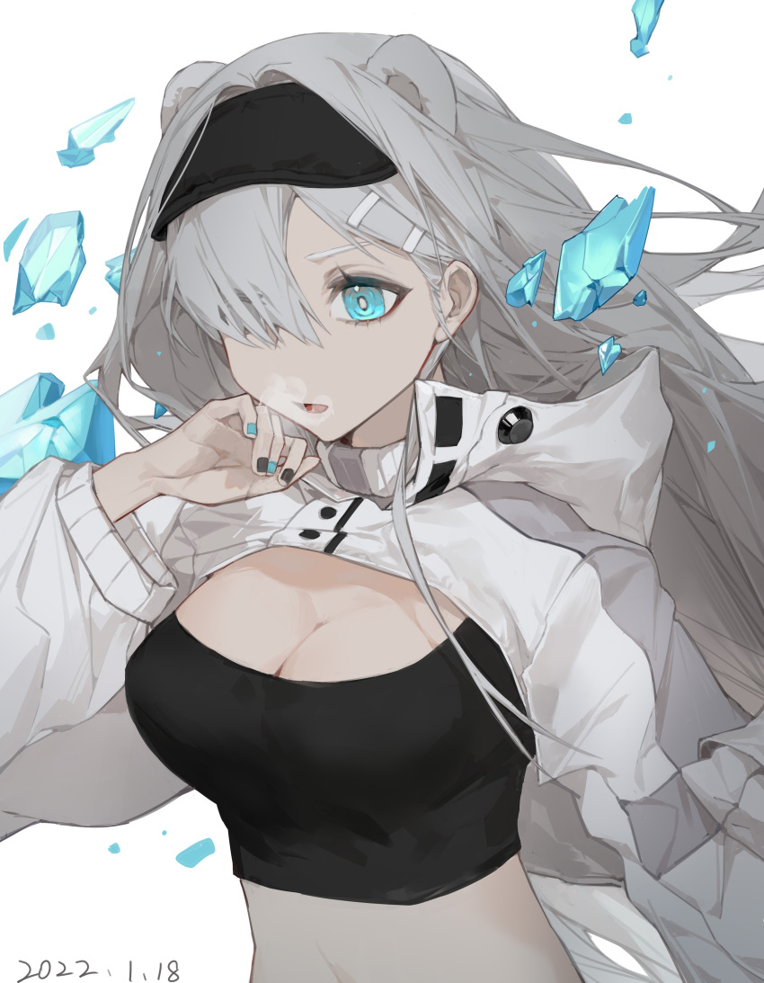 absurdres animal_ears arknights aurora_(arknights) aurora_(elite_ii)_(arknights) bear_ears black_hairband black_nails black_shirt blue_eyes blue_nails breasts cleavage crop_top dated female hair_over_one_eye hairband hand_up highres large_breasts long_hair long_sleeves midriff multicolored_nails navel parted_lips shirt shrug_(clothing) simple_background solo stomach upper_body white_background white_hair yumingtongxue