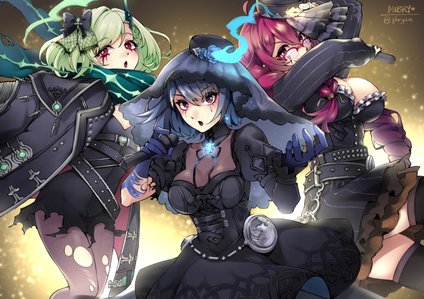 3girls alice_(sinoalice) belt black_legwear blue_hair blush bow breasts choker cleavage commentary_request dorothy_(sinoalice) dress facepaint glasses goth_fashion green_hair hair_ornament hairbow hairclip hat highres holding holding_microphone jacket large_breasts little_match_girl_(sinoalice) long_hair looking_at_viewer mibry_(phrysm) microphone multiple_girls music open_mouth petticoat purple_eyes purple_hair red_eyes ribbon scarf short_hair singing sinoalice studded_belt studded_jacket thighhighs top_hat torn_clothes torn_legwear veil zettai_ryouiki