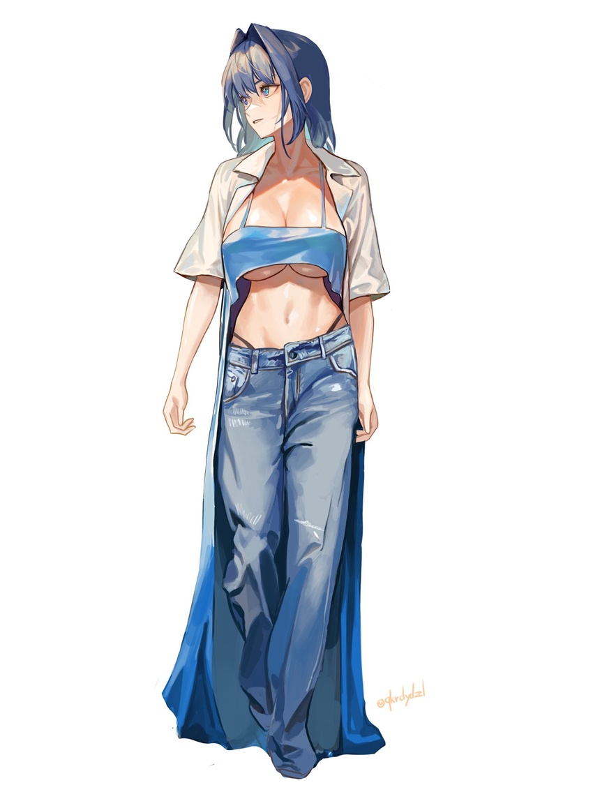 blue_eyes blue_hair blue_shirt breasts cleavage collarbone crop_top denim female hair_intakes highleg highleg_panties highres hololive hololive_english jeans large_breasts midriff multicolored_hair navel open_clothes ouro_kronii panties pants revealing_clothes santafe99 shirt short_hair short_sleeves simple_background solo stomach torn_clothes torn_jeans torn_pants twitter_username two-tone_hair underboob underwear virtual_youtuber white_background white_shirt