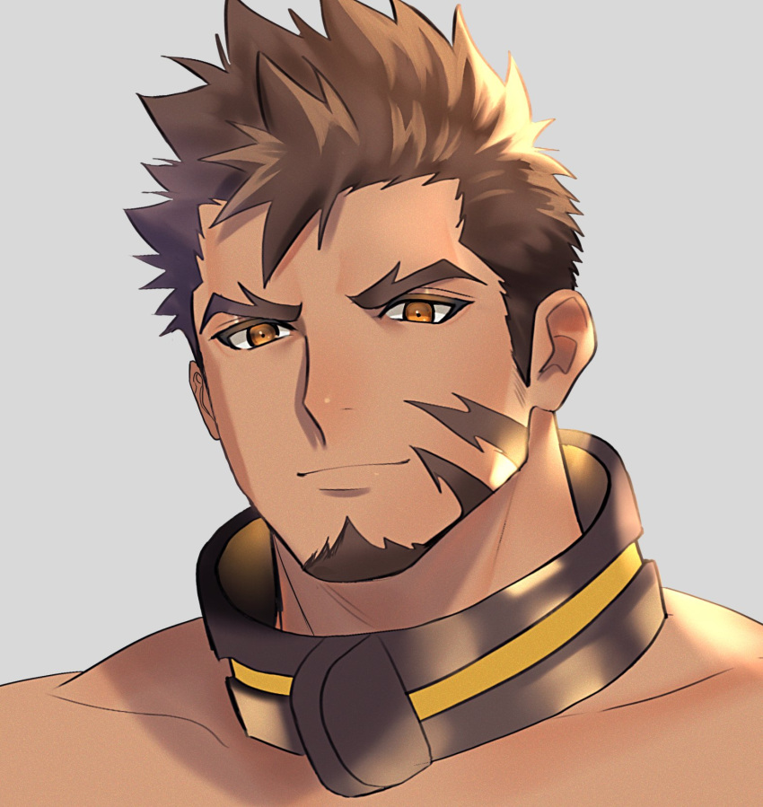 1boy alternate_facial_hair artistic_error bara brown_hair closed_mouth cross_scar facial_hair goatee heracles_(housamo) highres kihane_atsusane long_sideburns looking_at_viewer male_focus muscular muscular_male portrait scar short_hair sideburns smile solo tokyo_afterschool_summoners