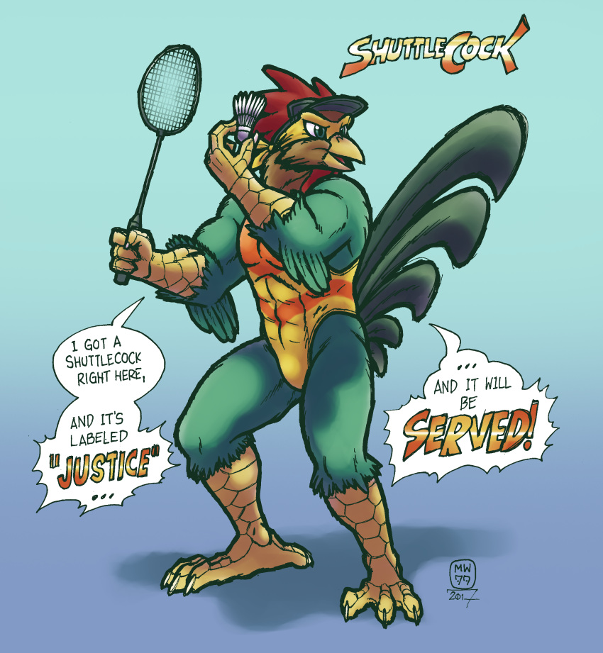 2019 3_toes abs absurd_res anthro avian badminton_racket barefoot beak biped bird brown_body brown_feathers clothed clothing english_text feathers feet full-length_portrait green_body green_feathers hi_res holding_racket leotard male megawolf77 muscular muscular_anthro muscular_male open_beak open_mouth portrait scuted_arms scutes shuttlecock solo spread_toes tail tail_feathers talons text toes yellow_clothing