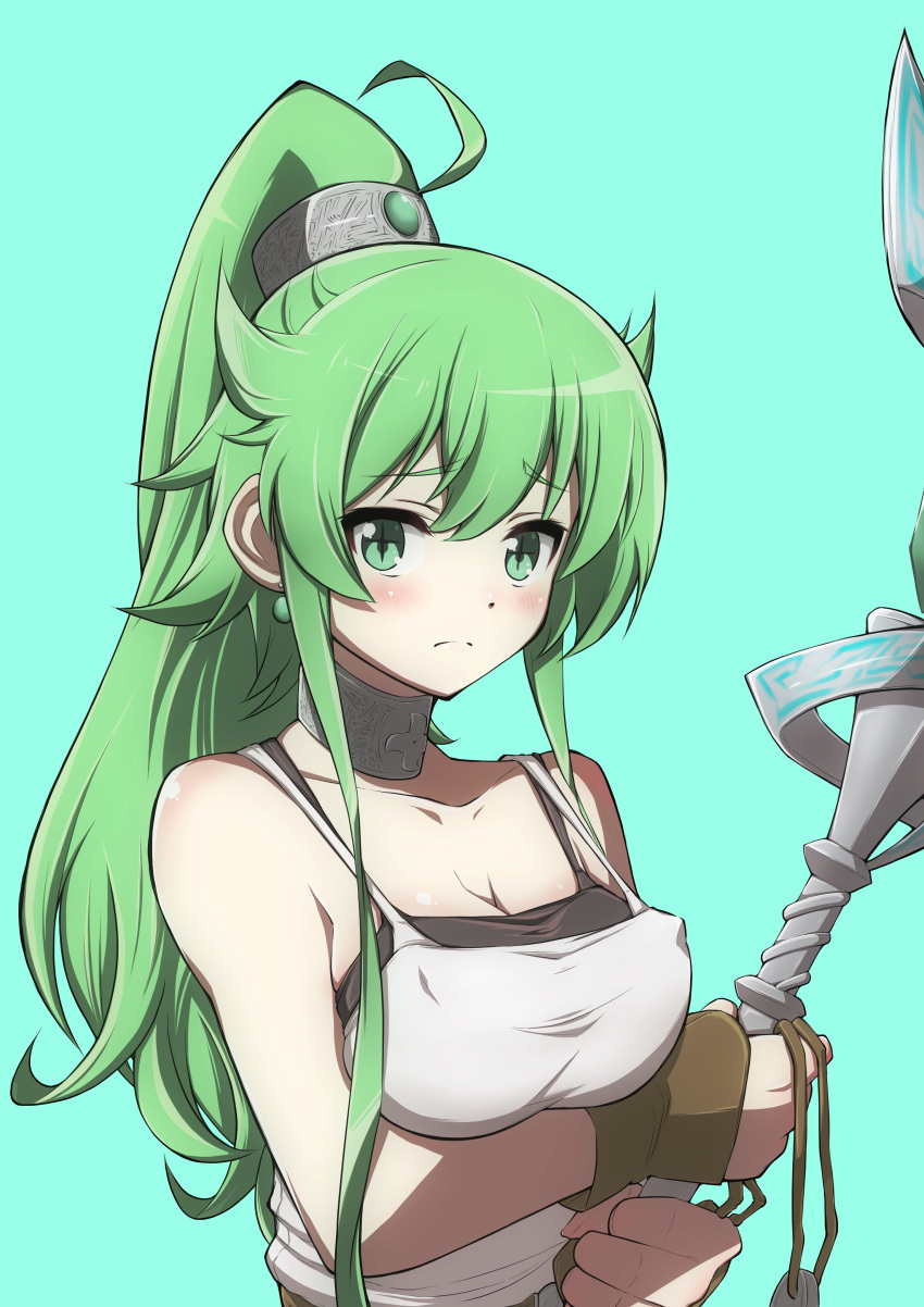 absurdres breasts camisole cleavage collar commentary_request duel_monster female frown green_eyes green_hair high_ponytail highres holding holding_staff large_breasts long_hair sidelocks solo staff white_camisole winda_(yu-gi-oh!) winda_4n96 winda_priestess_of_gusto yu-gi-oh!