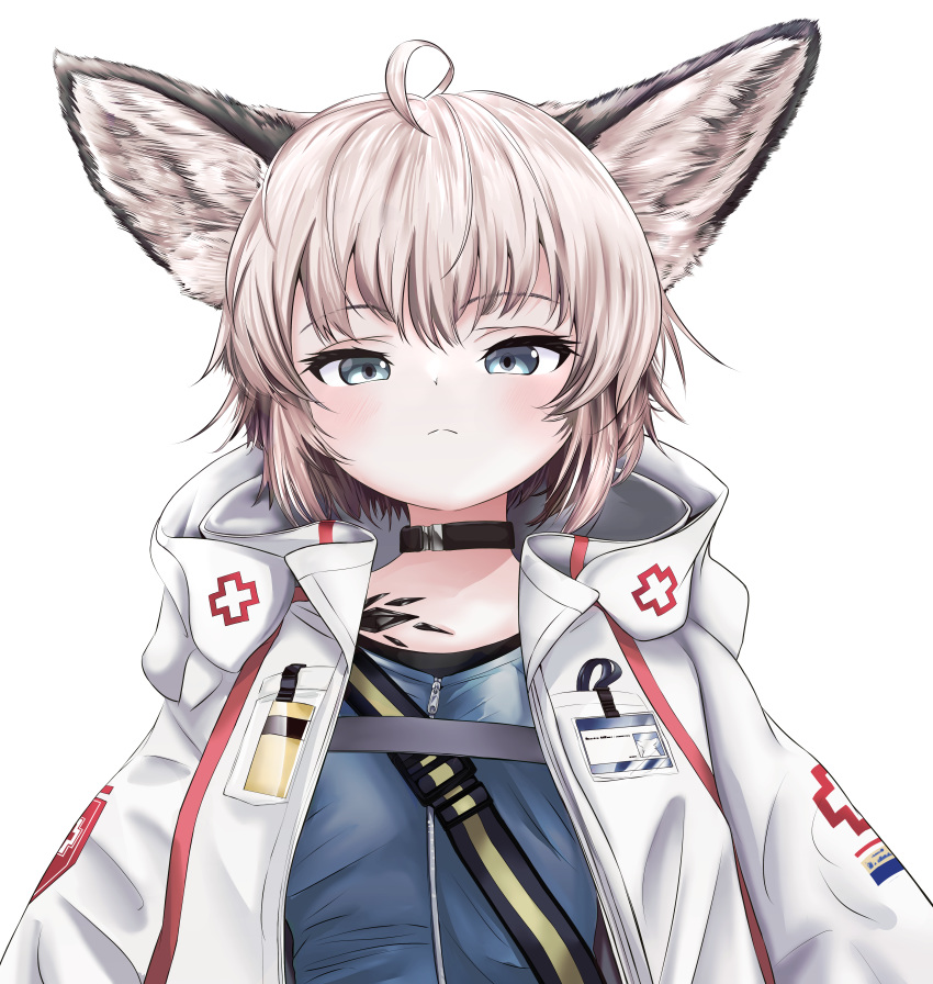 absurdres akegata_tobari animal_ears arknights bell blue_eyes blue_shirt cloak collar commentary_request cross eyelashes female fox_ears fox_girl highres hood hooded_cloak large_ears looking_at_viewer looking_down material_growth medic neck_bell open_cloak open_clothes oripathy_lesion_(arknights) platinum_blonde_hair red_cross shirt short_hair simple_background solo sussurro_(arknights) white_background white_cloak