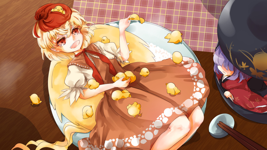 2girls animal_on_head anri_(38249593) bird bird_on_head bird_tail bird_wings blonde_hair blush bowl brown_dress chick chopstick_rest chopsticks commentary_request dress feathered_wings feet_out_of_frame hair_between_eyes highres in_bowl in_container japanese_clothes kimono long_sleeves looking_at_viewer multicolored_hair multiple_girls neckerchief niwatari_kutaka on_head open_mouth puffy_short_sleeves puffy_sleeves purple_hair red_eyes red_hair red_kimono red_neckerchief shirt short_hair short_sleeves sukuna_shinmyoumaru tail touhou two-tone_hair white_shirt wide_sleeves wings