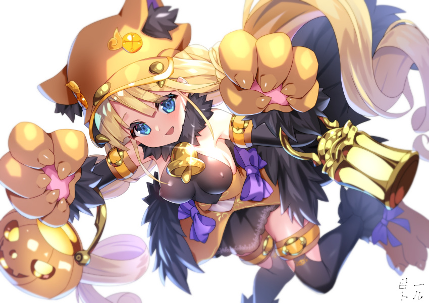 :d animal_hands bell bettle_(b_s_a_n) black_legwear blonde_hair blue_eyes covered_nipples detached_sleeves female flower_knight_girl glint gloves halloween hat highres jack-o'-lantern long_hair neck_bell open_mouth paw_gloves sandersonia_(flower_knight_girl) smile thighhighs very_long_hair white_background