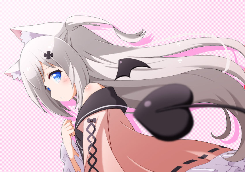 animal_ear_fluff animal_ears black_bow blue_eyes blush bow demon_tail demon_wings dress dress_bow female frilled_dress frills grey_hair hair_ornament hairpin highres indie_virtual_youtuber long_hair long_sleeves looking_at_viewer mogura2009 nekoma_shiroa off_shoulder pink_dress profile simple_background solo tail two_side_up very_long_hair virtual_youtuber wide_sleeves wings