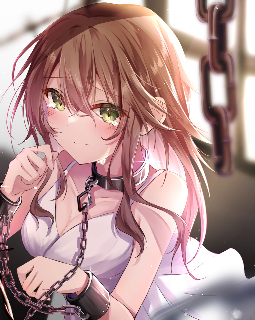 absurdres blurry blurry_background breasts brown_hair chains cleavage closed_mouth collar crying cuffs dress female green_eyes hair_between_eyes handcuffs highres leash long_hair looking_at_viewer medium_breasts metal_collar original restrained shackles sleeveless sleeveless_dress tears white_dress yanagi_uraba