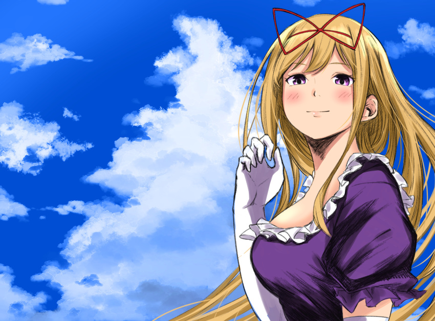 bad_id bad_twitter_id blonde_hair blush cloud day female from_side gloves highres light_smile long_hair looking_at_viewer no_headwear purple_eyes sen_(daydream_53) sky solo touhou upper_body white_gloves yakumo_yukari