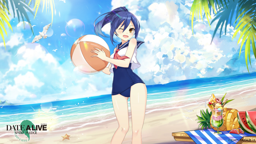 ball beach beachball bird blue_hair blush crop_top date_a_live date_a_live:_spirit_pledge day female food fruit highres holding holding_ball mole mole_under_eye ocean one-piece_swimsuit one_eye_closed open_mouth outdoors parfait pineapple ponytail school_swimsuit school_uniform seagull sidelocks smile solo standing swimsuit takamiya_mana watermelon yellow_eyes