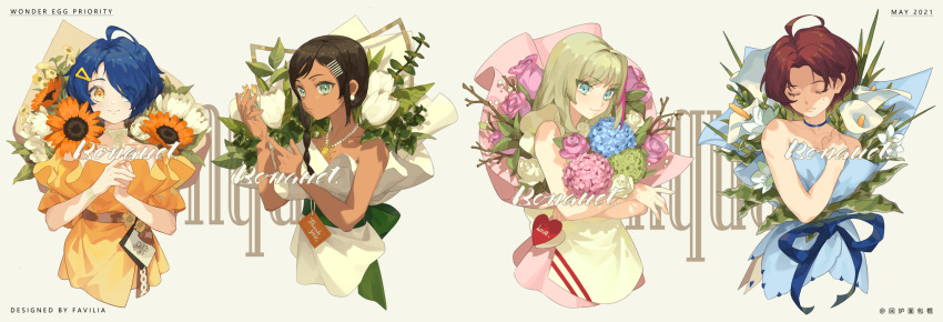 4girls ahoge aonuma_neiru aqua_eyes artist_name bare_arms bare_shoulders blue_choker blue_dress blue_eyes blue_flower blue_hair blue_ribbon bouquet bow bracelet branch brown_hair brown_ribbon calla_lily chinese_text choker closed_eyes closed_mouth collarbone commentary copyright_name cropped_legs dark-skinned_female dark_skin dated dress earrings english_text eyes_visible_through_hair favilia flower green_ribbons grey_background grey_hair hair_ornament hair_over_one_eye hairclip hands_up heart heterochromia highres holding holding_bouquet hydrangea jewelry kawai_rika leaf long_hair looking_at_viewer mole mole_under_eye multicolored_hair multiple_girls neck_ribbon necklace off-shoulder_dress off_shoulder ooto_ai orange_dress orange_eyes orange_flower own_hands_together pink_flower pink_hair pink_rose ribbon rose sawaki_momoe short_hair single_sidelock sleeveless sleeveless_dress smile strapless strapless_dress streaked_hair sunflower symbol-only_commentary triangle_hair_ornament tulip upper_body waist_bow white_dress white_flower white_ribbon white_rose white_tulip wonder_egg_priority