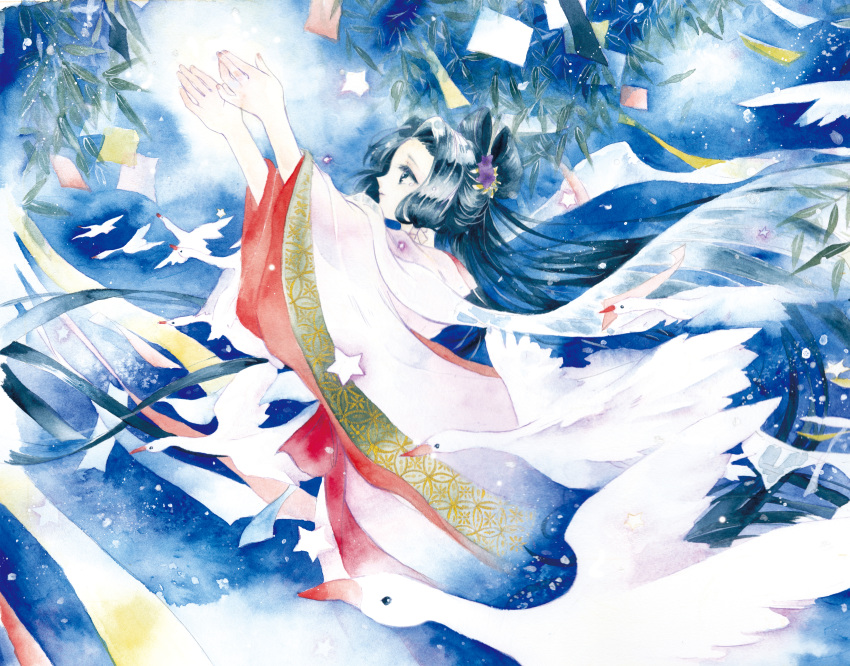 absurdres bird black_hair female hands_up highres japanese_clothes kimonohime night night_sky orihime_(tanabata) painting_(medium) photoshop_(medium) profile sky solo standing tanabata tanzaku the_weaver_girl_and_the_cowherd traditional_media watercolor_(medium) wide_sleeves