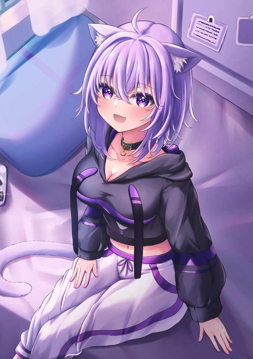 :d absurdres ahoge animal_ears black_choker black_hoodie blush breasts cat_ears cat_girl cat_tail cellphone choker cleavage collarbone commentary_request crop_top curtains drawstring feet_out_of_frame female hair_between_eyes hair_intakes highres hololive hood hood_down hoodie indoors long_sleeves looking_at_viewer medium_breasts midriff navel neko_punch_(user_hddm3373) nekomata_okayu nekomata_okayu_(1st_costume) pants phone pillow puffy_long_sleeves puffy_sleeves purple_eyes purple_hair sitting smile solo tail transparent virtual_youtuber white_pants