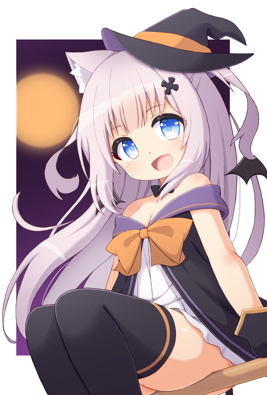 :d absurdres animal_ear_fluff animal_ears black_dress black_thighhighs blue_eyes blush bow bowtie breasts cleavage demon_wings dress dress_bow female hair_ornament hairpin halloween hat highres indie_virtual_youtuber long_hair looking_at_viewer mogura2009 multicolored_clothes multicolored_dress nekoma_shiroa oerba_yun_fang off_shoulder orange_bow purple_hair simple_background small_breasts smile solo thighhighs two_side_up very_long_hair virtual_youtuber white_dress wings witch_hat zettai_ryouiki