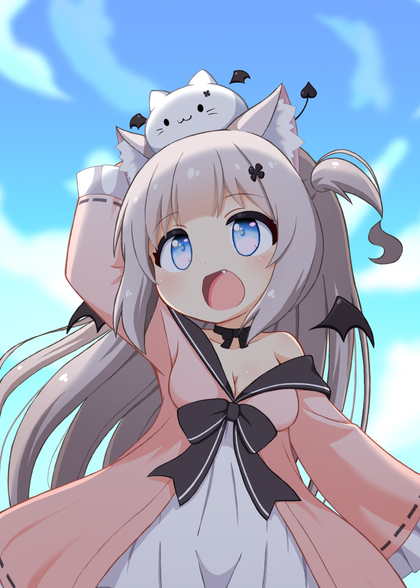 :d absurdres animal_ear_fluff animal_ears animal_on_head black_bow black_choker blue_eyes blush bow bow_choker breasts cat_on_head choker cleavage cowboy_shot demon_wings dress dress_bow feline female grey_hair hair_ornament hairpin hand_up highres indie_virtual_youtuber long_hair long_sleeves mogura2009 multicolored_clothes multicolored_dress nekoma_shiroa oerba_yun_fang off_shoulder on_head pink_dress simple_background small_breasts smile solo standing two_side_up very_long_hair virtual_youtuber white_dress wings