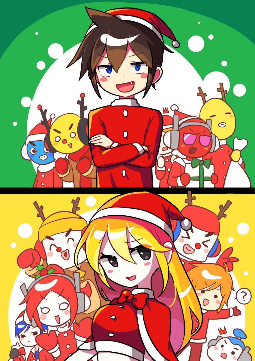 6+boys 6+girls absurdres bad_id bad_pixiv_id black_eyes blonde_hair blue_eyes blush brown_hair christmas commentary dj_yellow drum_samurai hat highres korean_commentary long_hair looking_at_viewer mds_(rhythm_tengoku) multiple_boys multiple_girls oerba_yun_fang offbeat open_mouth rap_men rap_women red_headwear rhythm_tengoku rockers_(rhythm_tengoku) santa_costume santa_hat smile so'ra student_(rhythm_tengoku)