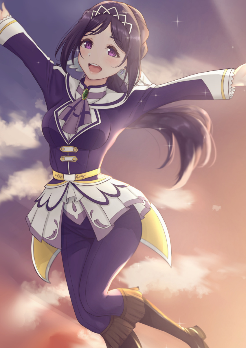 absurdres arhah black_footwear blue_hair blue_jacket blue_pants boots brightest_melody female highres idol jacket knee_boots long_hair looking_at_viewer love_live! love_live!_sunshine!! matsuura_kanan open_mouth outstretched_arms pants ponytail purple_eyes smile solo sparkle spread_arms