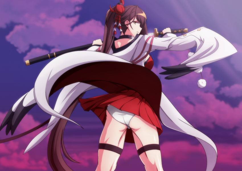 ass azur_lane breasts brown_hair closed_mouth clothes_lift cloud commentary cowboy_shot dress dress_lift eyeliner female hair_between_eyes hair_ornament hands_up high_ponytail highres holding holding_sword holding_weapon hood japanese_clothes kanzashi katana kimono large_breasts long_hair long_sleeves looking_at_viewer makeup makiri_akira open_clothes open_kimono outdoors panties pom_pom_(clothes) ponytail profile purple_sky red_dress sheath sidelocks skindentation sky sleeveless sleeveless_dress solo standing sword underwear unsheathing very_long_hair weapon white_kimono white_panties wide_sleeves wind wind_lift yellow_eyes zuikaku_(azur_lane)